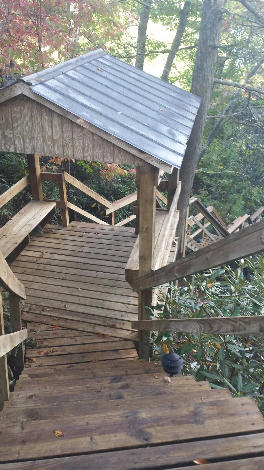 Metal roofed shelter over wooden steps on a wooded walkway — Skylight Repair & Installation work by our crew in Bozman